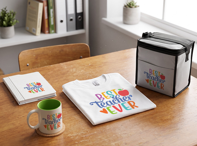Best Teacher Ever design on a white t-shirt, mug, notebook and lunch cooler on a desk.